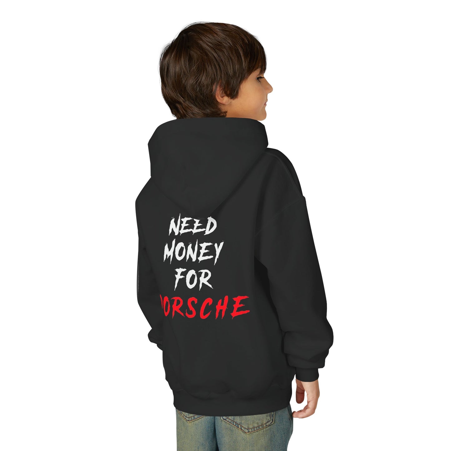 Kids “NEED MONEY FOR PORSCHE” 2.0 Hoodie (Small Front Logo)