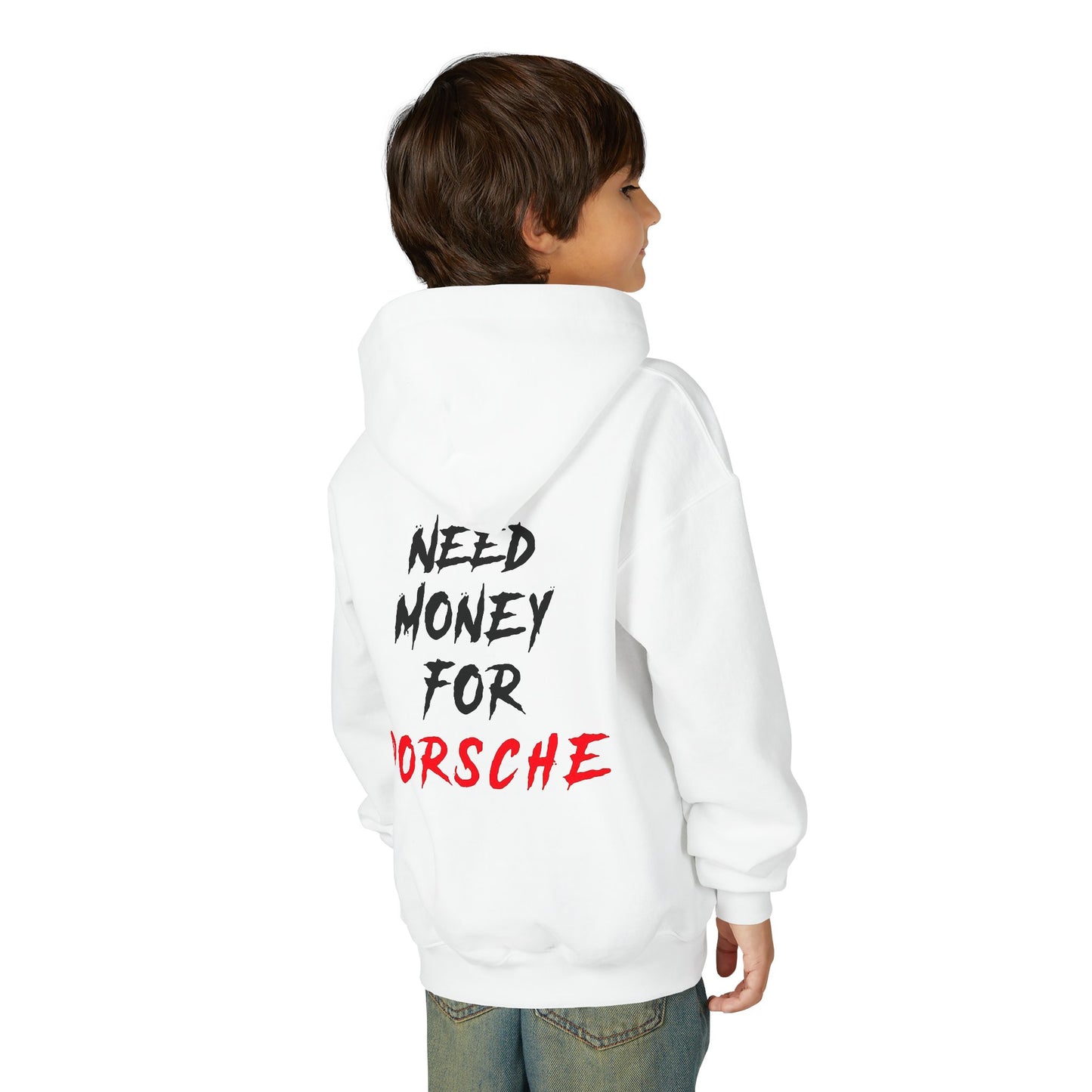 Kids “NEED MONEY FOR PORSCHE” 2.0 Hoodie (Small Front Logo)